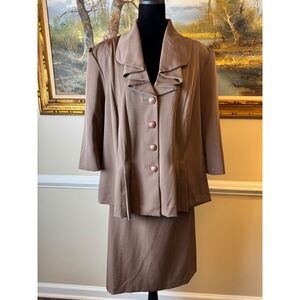 T.Milano Stretch Woman Brown Ruffle Collar Skirt Suit Set 18W Retro Career Wear‎